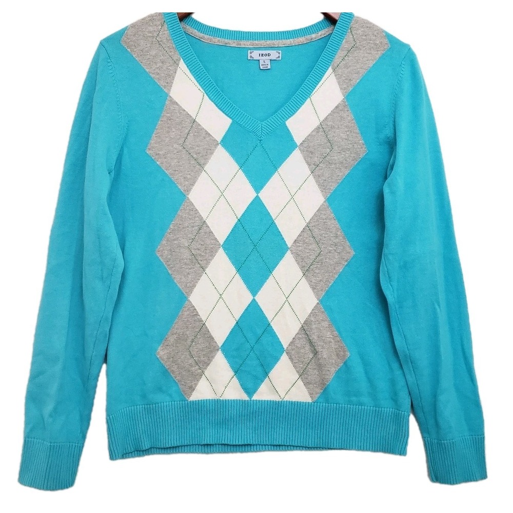 Izod Womens Gray Turquoise Blue Ivory Argyle Sweater V-Neck Long Sleeve Sz L - Picture 1 of 8